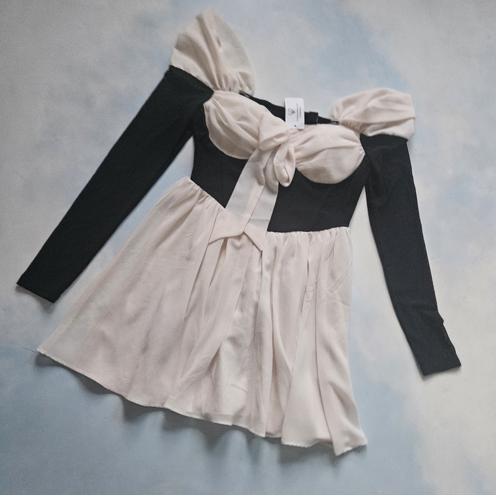 Coquette Black & Cream Off-Shoulder Dress Chiffon Feminine Mini Dress - Picture 10 of 16
